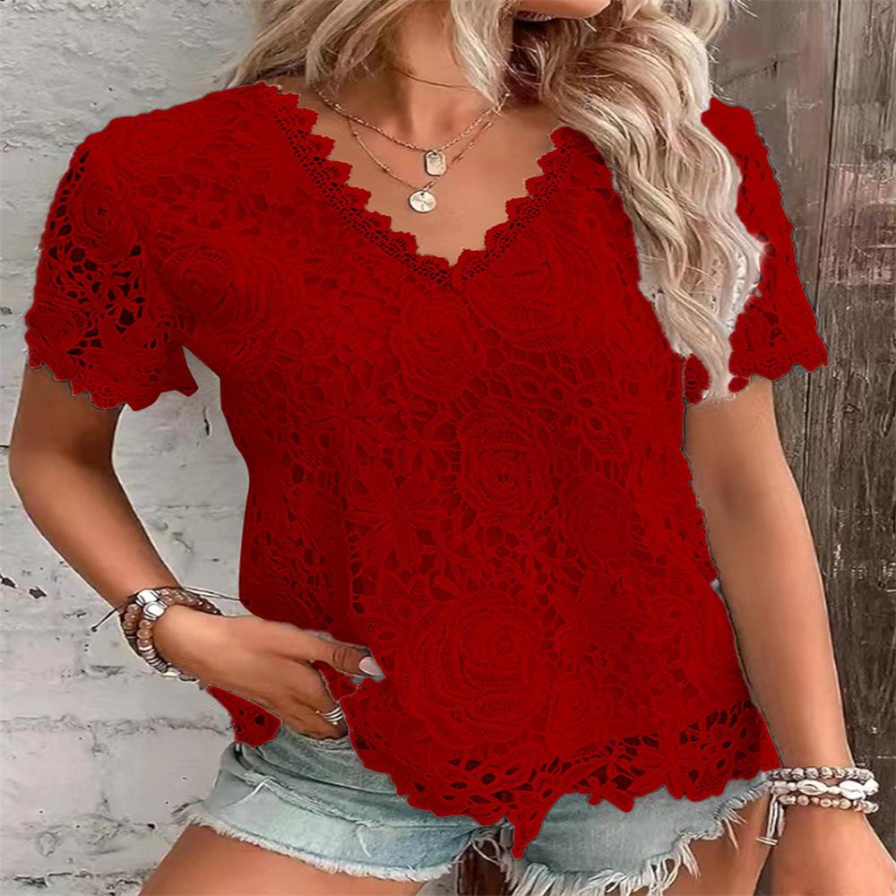 New Women's Stylish Top T-shirt Lace Lace Short-sleeved Women