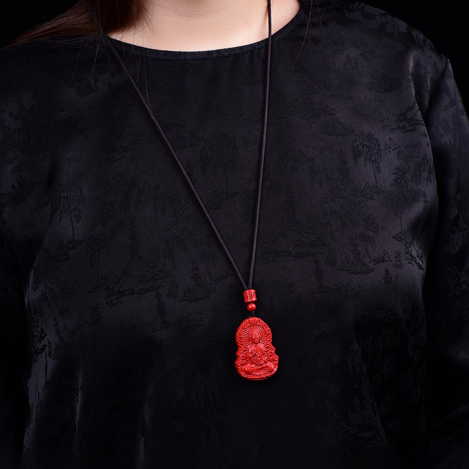 Vermilion Guan Yin Bodhisattva Necklace: High-End Pendant with Sweater Chain & Clavicle Chain. High Content Vermilion (75%-80%)