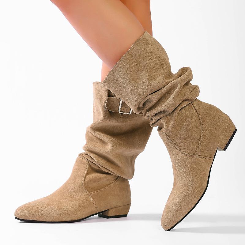 Retro Pointed Toe Stack Boots Women's New Fashion Metal Buckle Soft Slip Anti-slip Thigh Boots