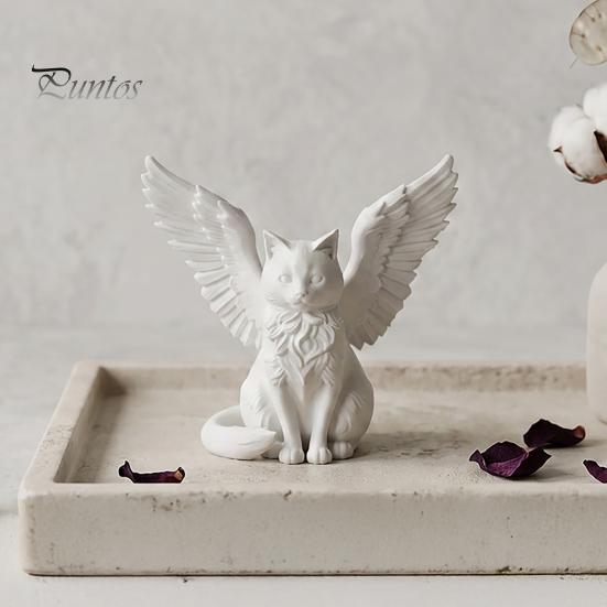 Small Decorative Figures Angel Cat Desk Ornament, Matte White 3D Printing Figurine, Minimalist Cute Animal Figurines Winged Sculpture for Home Office