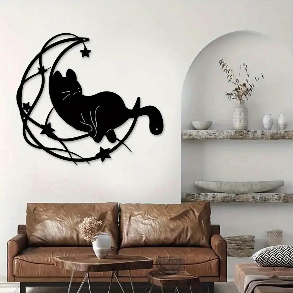 Skurriles Mondlichtkatze Metall-Wandkunst Innen Außen Dekoration für Wohnzimmer Terrasse Balkon Magischer Hausakzent