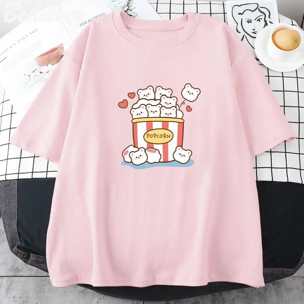 Linda camiseta de palomitas de maíz kawaii para mujer, lindas camisetas gráficas de dibujos animados, unisex, de verano, de algodón puro, ropa vintage Harajuku