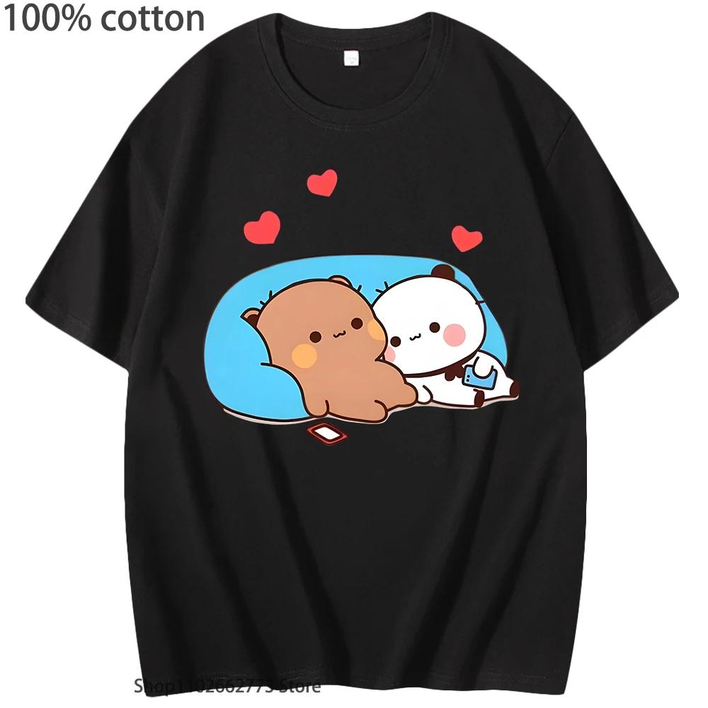 DuDu Bear and BuBu Panda’s Night Days Shirt Summer Clothes Women Kawaii Panda Bear Tshirts 100% Cotton Top Korean Styele Men