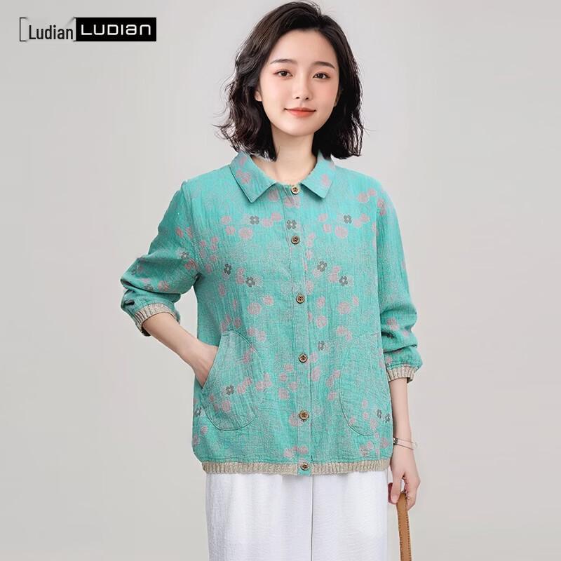 LUDIan Women s Floral Print Plus Size Cotton Long Sleeve Shirt L