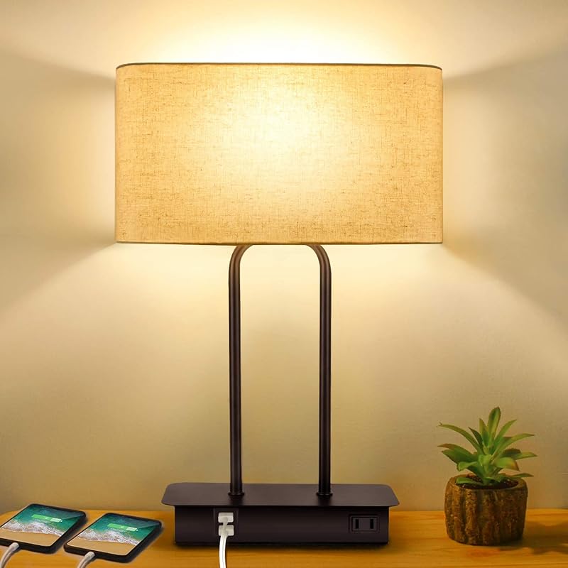3-Way Dimmable Touch Control Table Lamp with 2 USB Ports and AC Power Outlet Modern Bedside Nightstand Lamp Fabric Shade and Metal Base for Guestroom