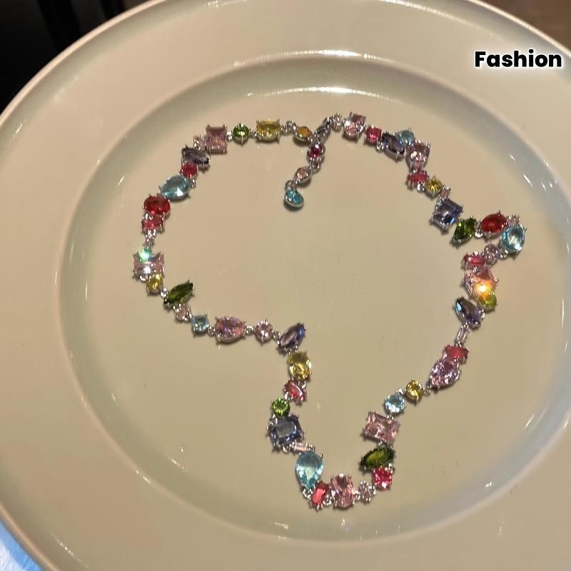 Vibrant Candy Crystal Zirconia Necklace - Sparkling Y2K Bling Bling Rainbow Clavicle Chain - Perfect Eid Fashion Jewelry Gift