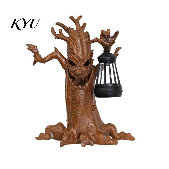 Halloween Tree Spirit Decorations Scary Statue with Solar Lantern, Resin Spooky Powered Garden Statues Figurine, Weatherproof Outdoor Yard Patio