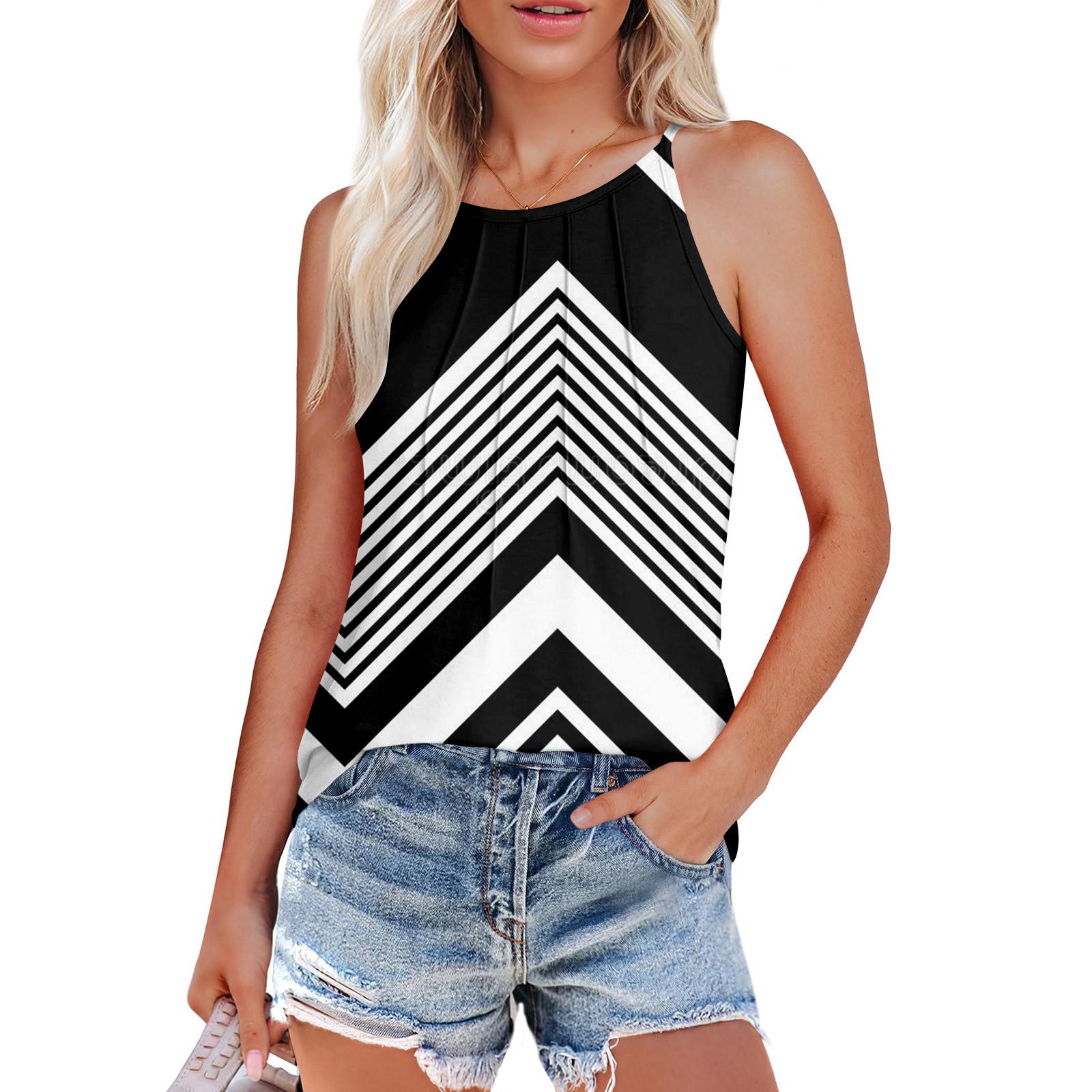 

Женские летние майки-топы с плиссировкой и принтом O-образного выреза, повседневные майки-топы для женщин, свободные рубашки без рукавов L чёрный