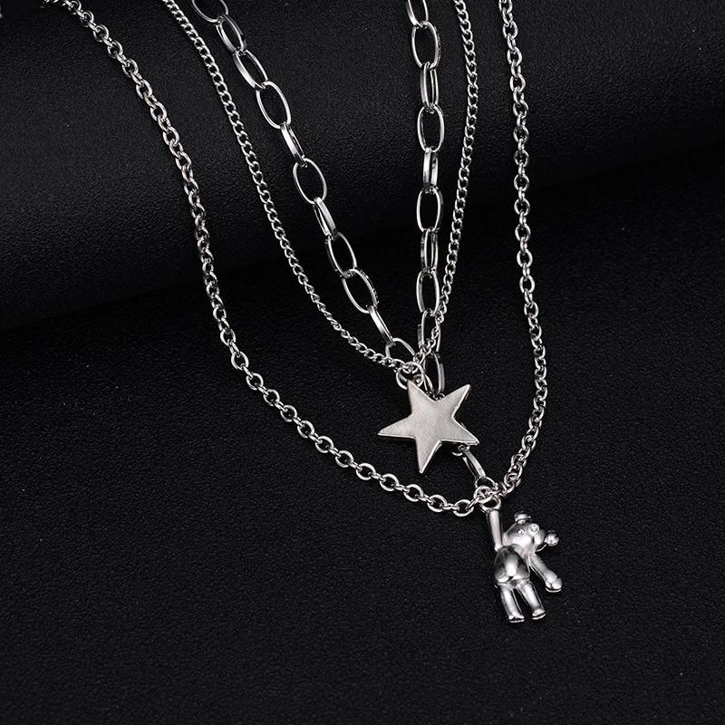 1 Stück Vintage Halskette für Männer und Frauen Hip Hop Kalter Wind Hase Pentagramm Anhänger Mehrschichtiger Schmuck