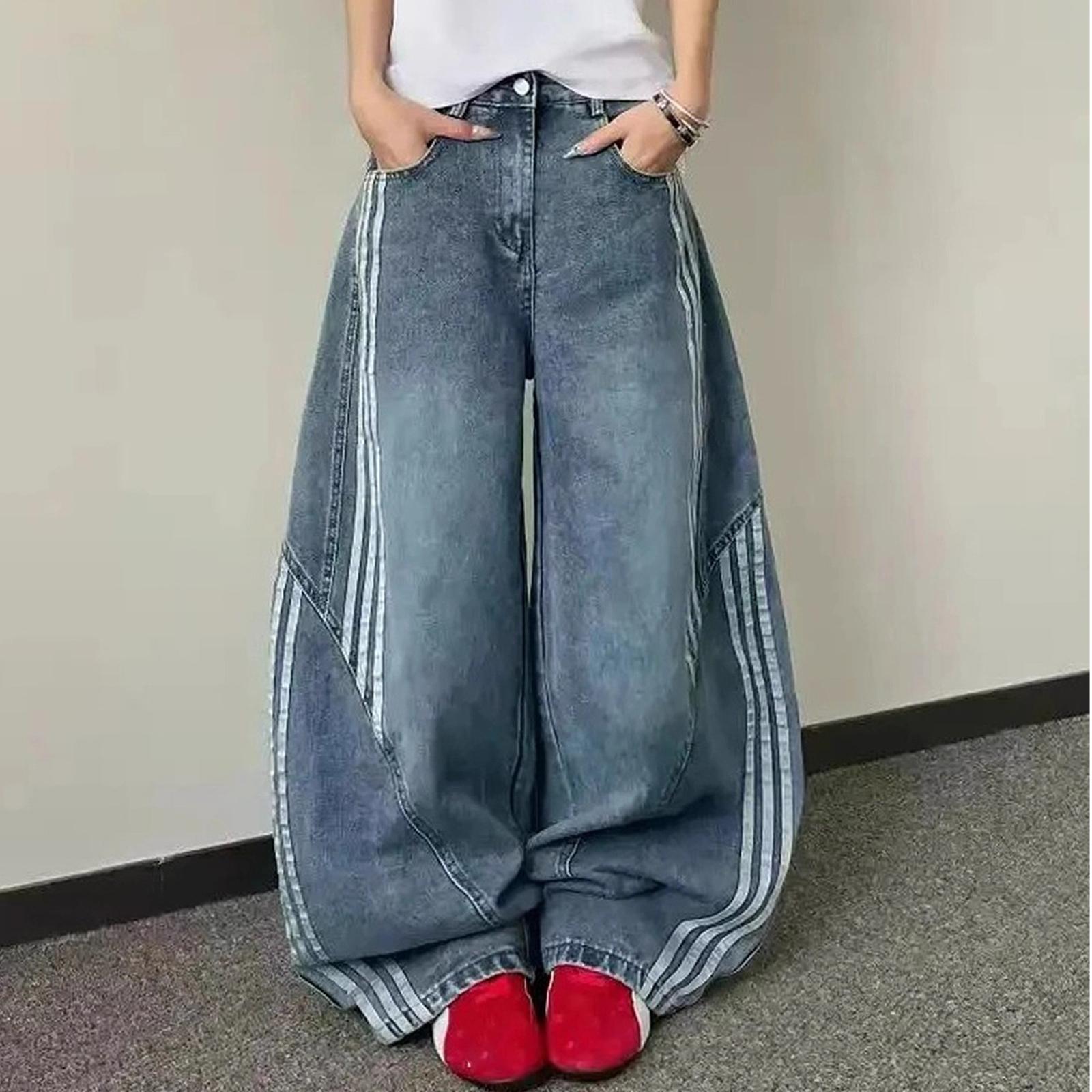 

Women s Trousers Large Size Stretch Jeans Loose Semi-Elastic Pants M синий