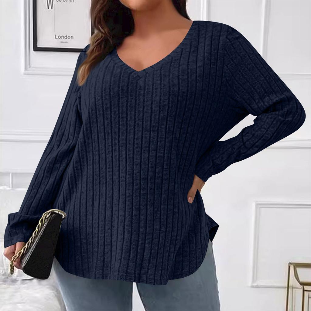 Women's  And Winter Solid Colour Plus Size Women's Tops V-Neck Long Sleeve Striped Milled Loose Pullover T-Shirt