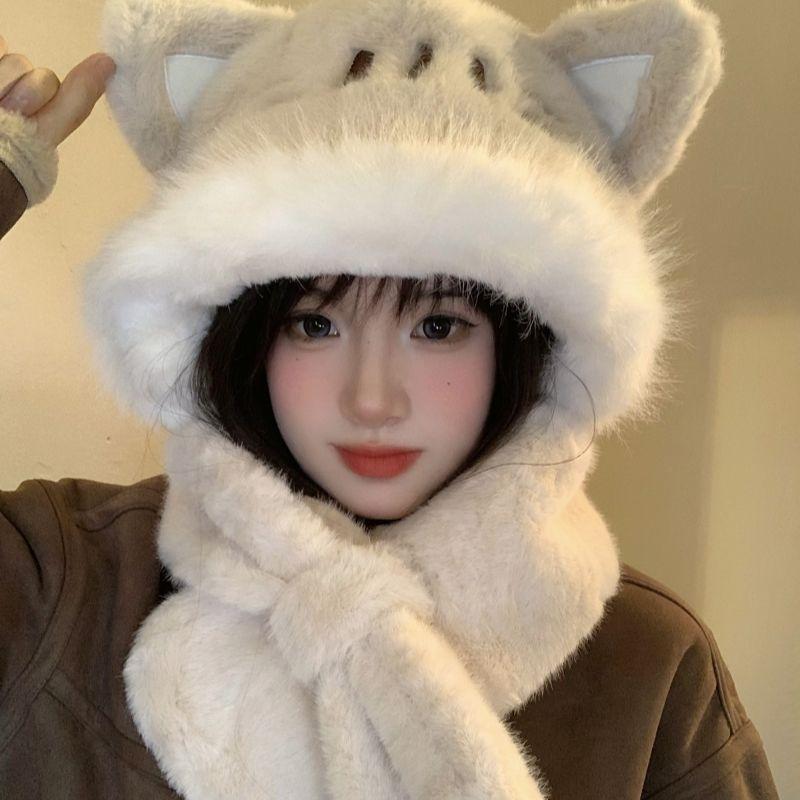 Women's Winter Cute Fox Ear Warm Plush Hat Cycling Cold Resistant Ear Protection Hat Scarf Integrated