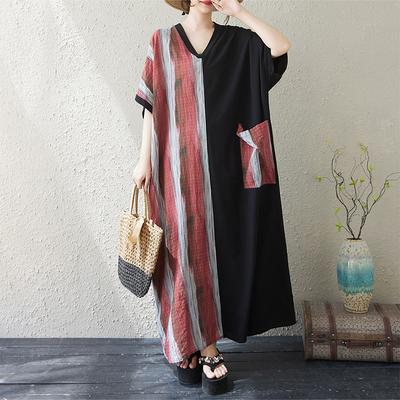 DIMANAF 2025 Summer Women Plus Size Dress Basic Casual Dress Loose Vintage Printing Long Beach Short Sleeve Dress