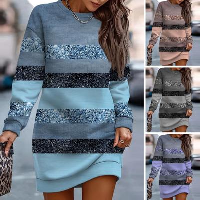 Women Dress Striped Color Block Shiny Sequin Loose Round Neck Long Sleeve Above Knee Length Soft Patchwork Mini Dress