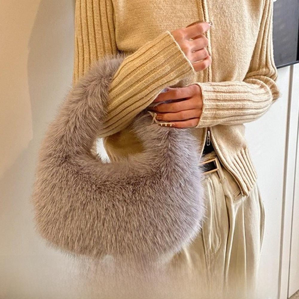 Elegant Faux Furry Texture Purse Half Moon Shape Tote Bag Trend Plush Clutch Handbags Winter