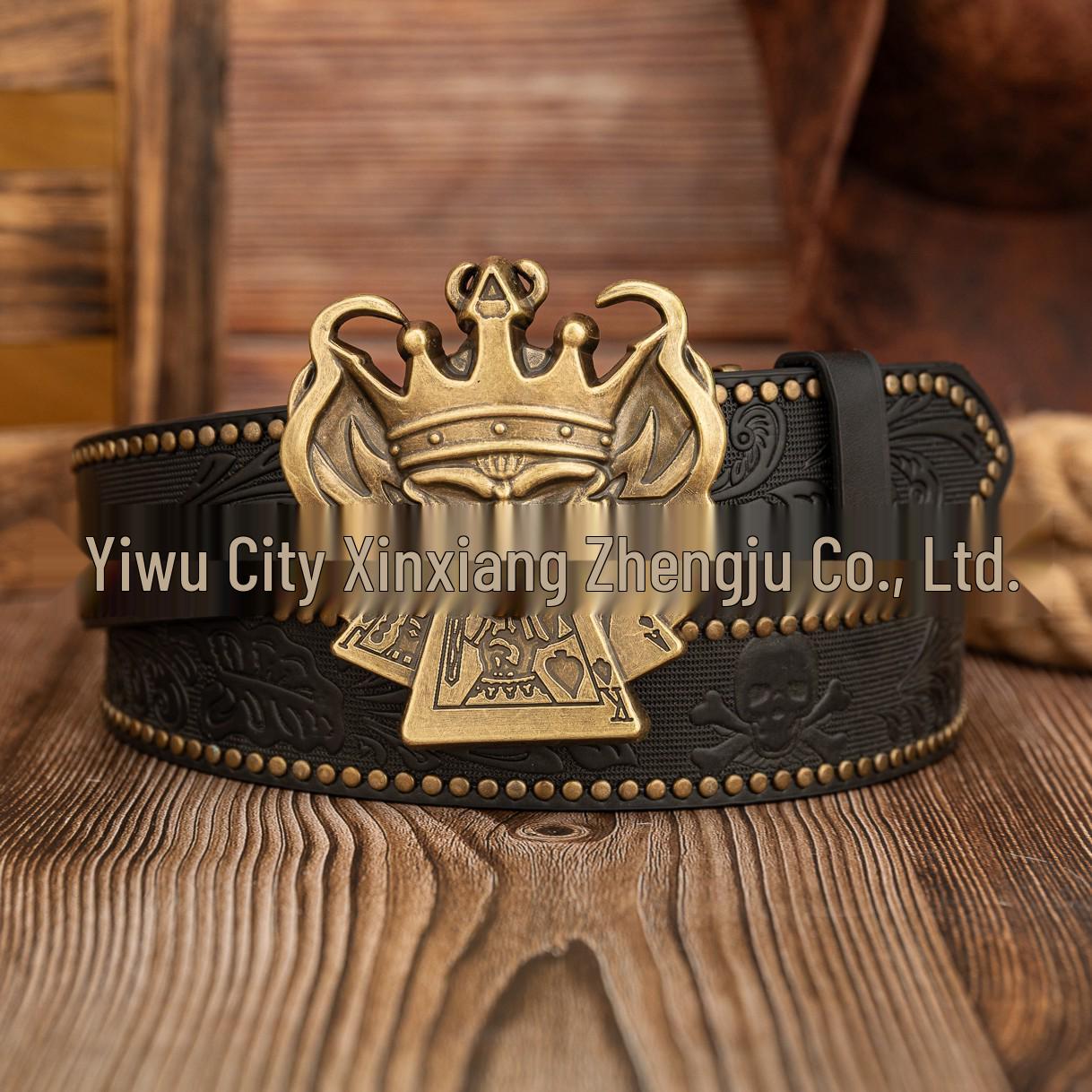 Western Cowboy Punk Skull Buckle Leather Belt with Rivets 120 cm