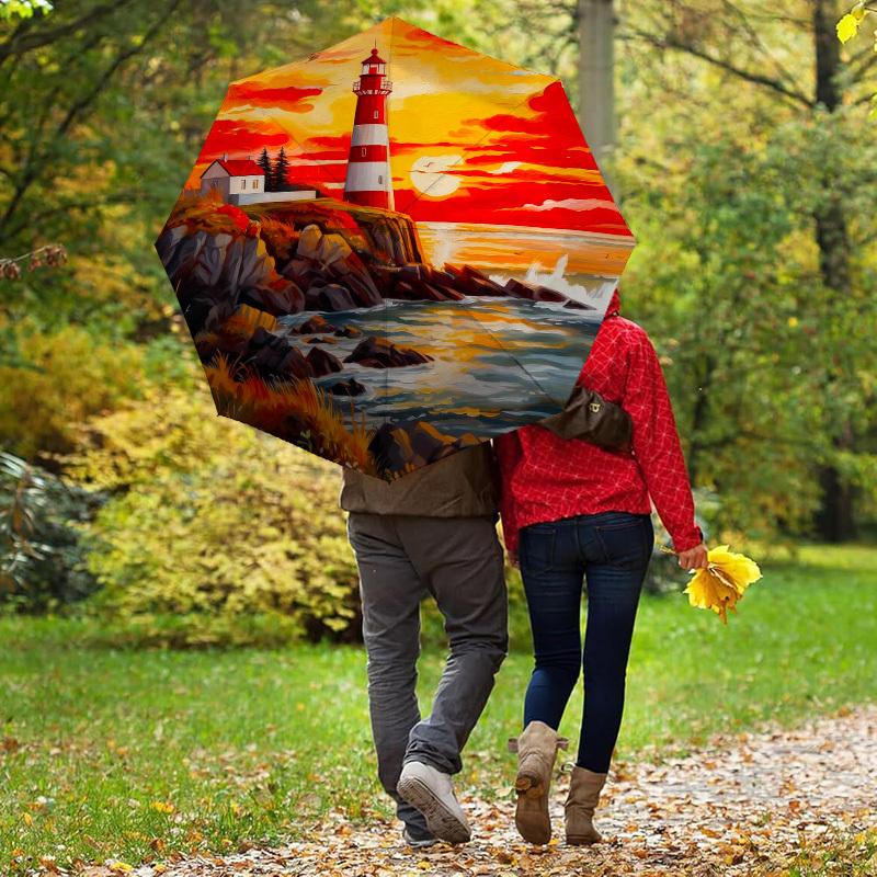 1pc Lighthouse Sunset Automatic Folding Umbrella, Heavy Duty 8 Rib Iron Frame,  Suitable for Travel, Daily Use, Birthday, Decor Gift M0105113