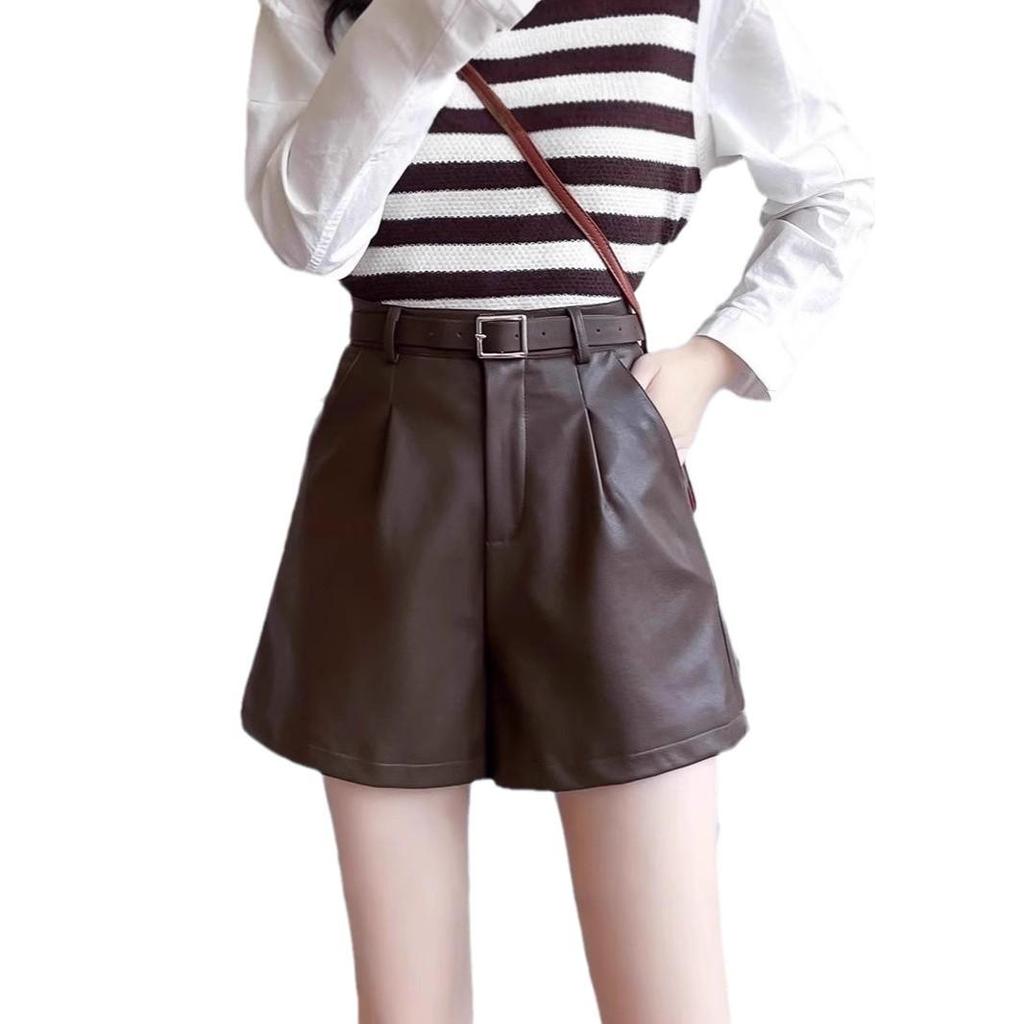 Women's High-Waist Black PU Leather Shorts - Autumn/Winter 2024 Casual Wide-Leg Slimming Design