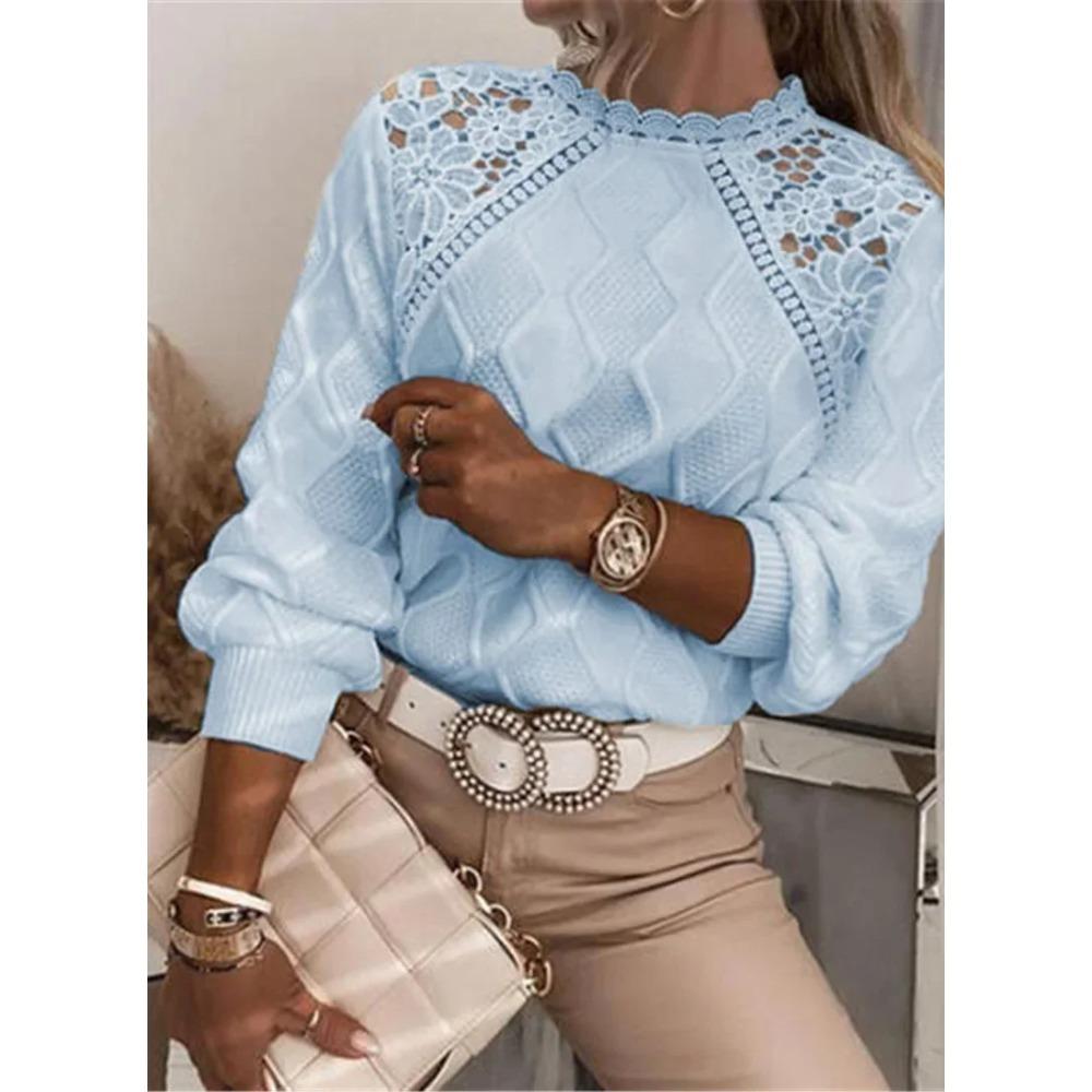 Pull pour femme en dentelle tricotée printemps 2025 Blanc col rond manches longues Chaud ample Pulls Vêtements décontractés tendance pour femme