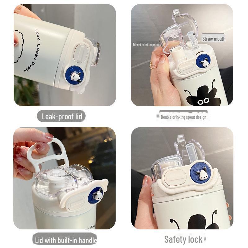 Cute Cartoon Coffee Thermos Cup with Double Spout, Straw, and 316 Stainless Steel - Ideal for Girls