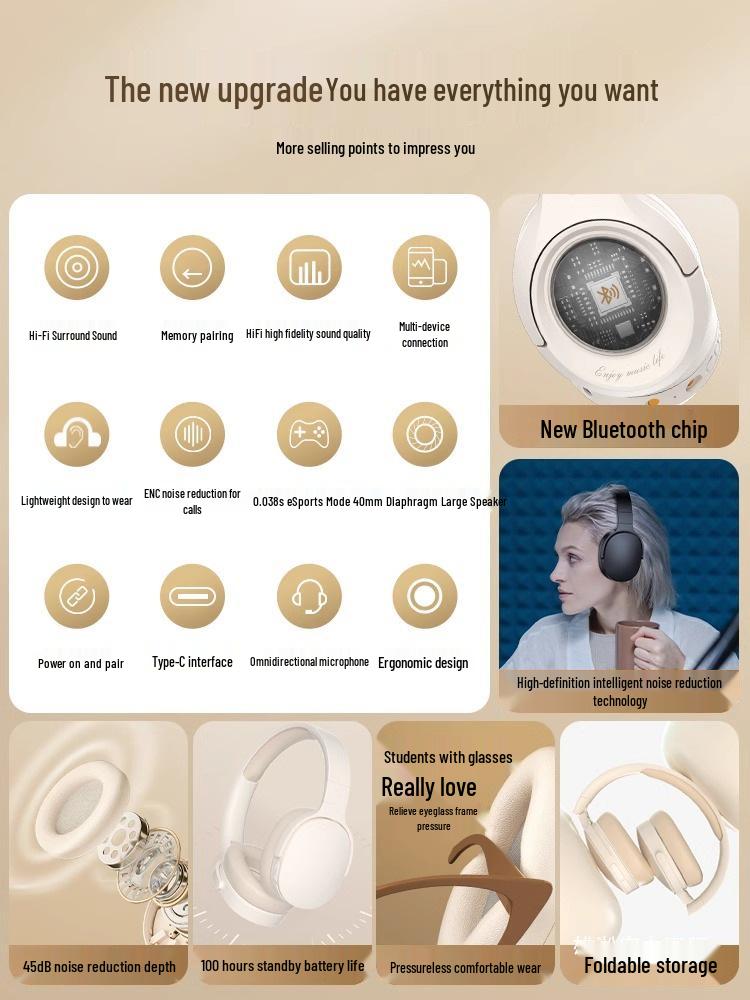 2025 New Model Wireless Over-Ear Bluetooth Noise-Cancelling Headphones for Gaming and Sports