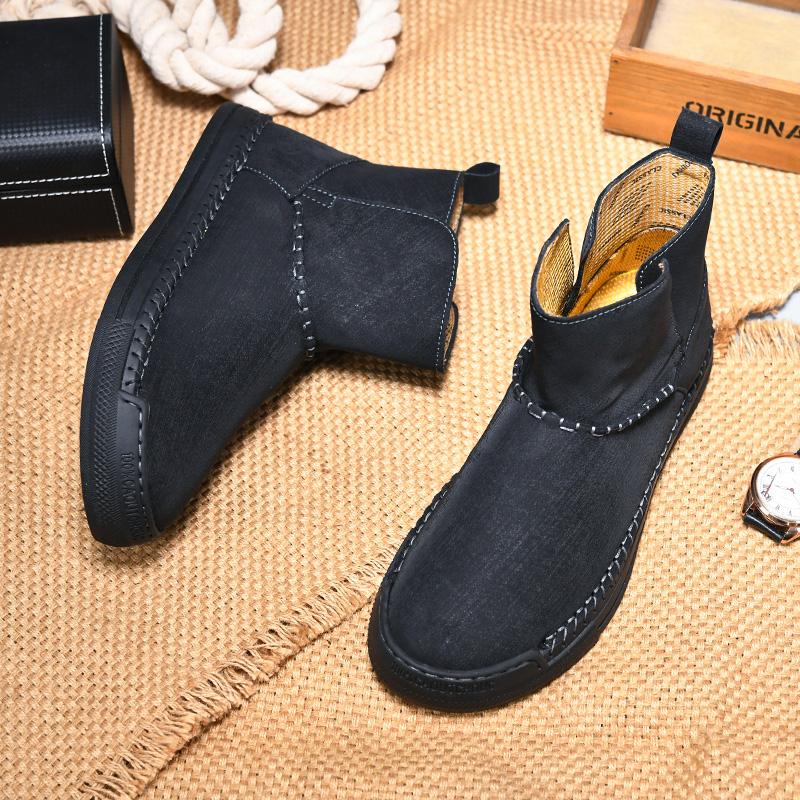 FashionHandmade Comfy Men's Casual Boots Leisure Walk Male High Top Shoes Leather Street Style Motorcycle Boots Slip On Walking Shoes