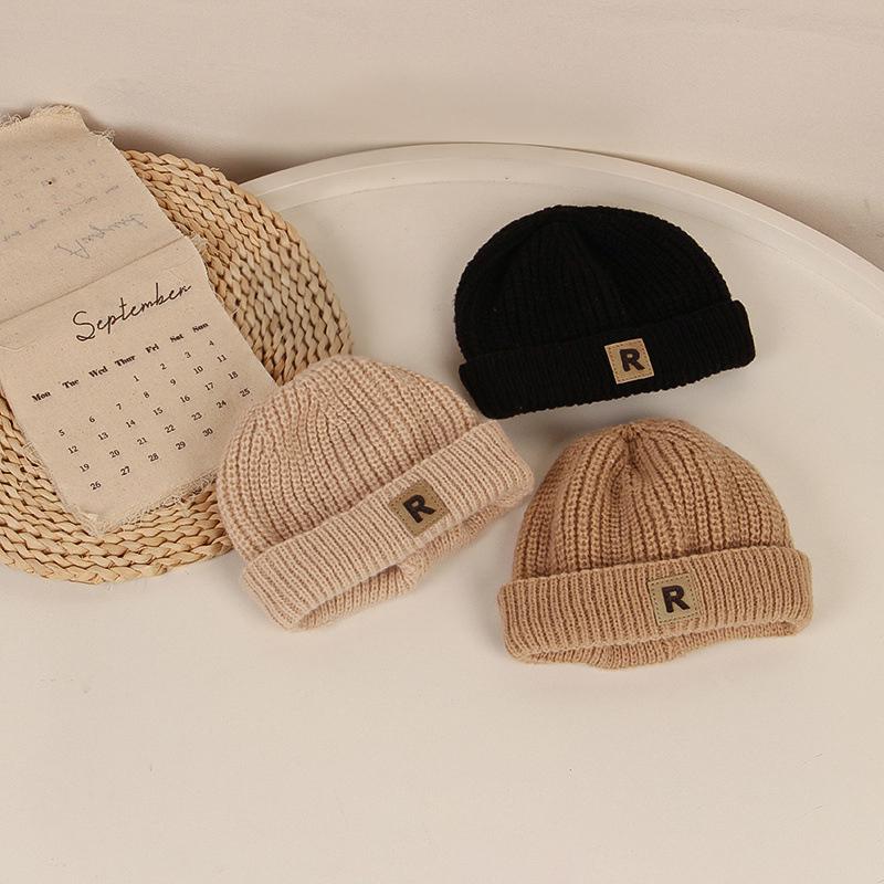 Solid Color Warm Knitting Children's Cap Autumn Winter R Letter Melon Caps for Baby Korean Casual Boys Girls Brimless Hat Beanie