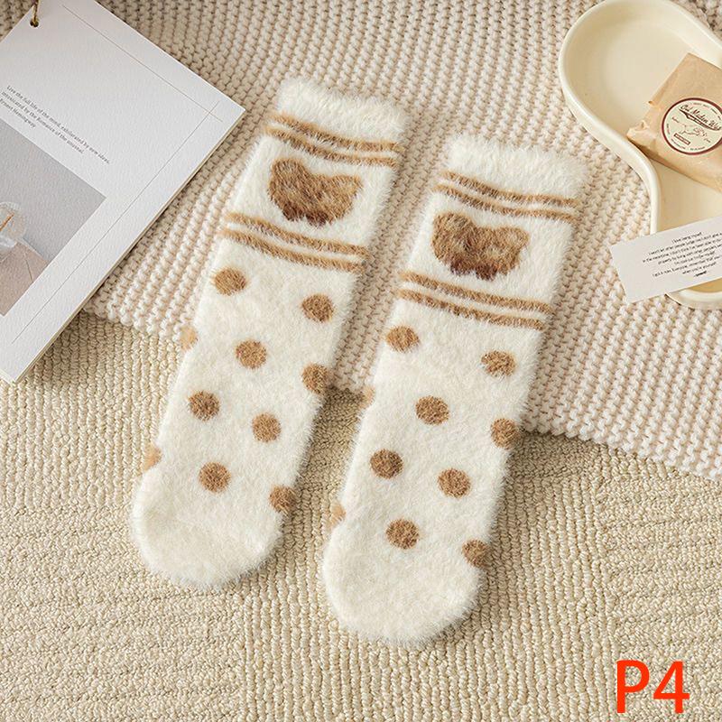 Autumn Winter Coral Velvet Socks Cartoon Bear Socks For Women Children Girls Middle Tube Thickened Sleep Socks Home Floor Socks