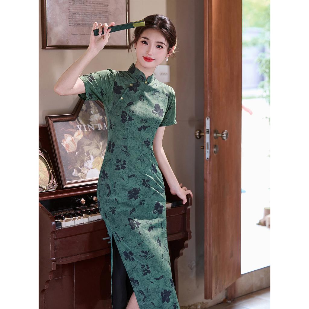 Retro national style daily summer new Chinese style slim fit high elegance 1011 new daily wear green cheongsam