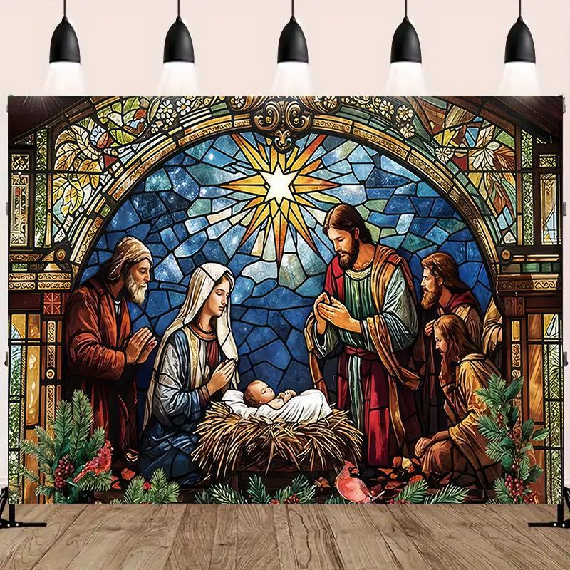 Nativity Scene Starry Night Tapestry Religious Manger Scene Tapestry Wall Hanging Traditional Christmas Birthday Room Decoration 74x94cm(29x37in)