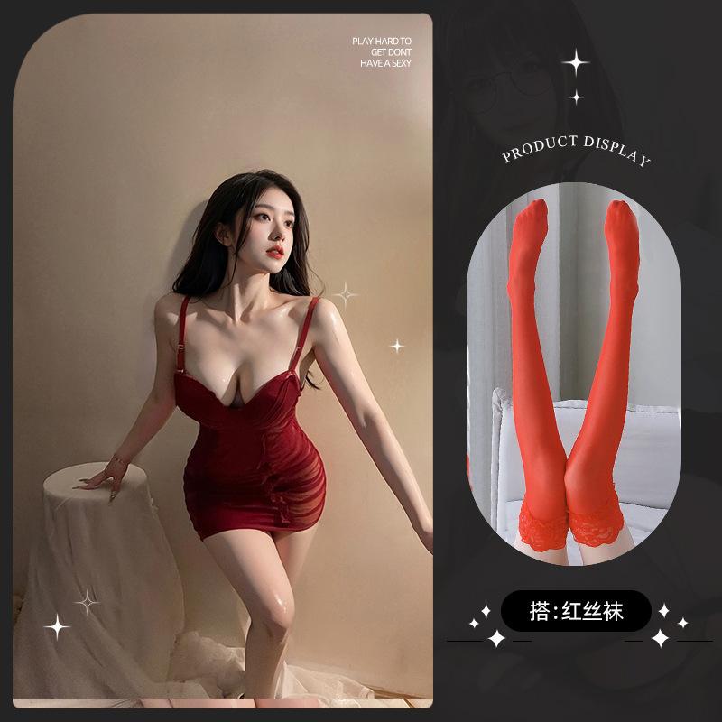 Sexy lingerie sexy deep vA wrinkled mesh perspective seduction hot suspender nightdress set