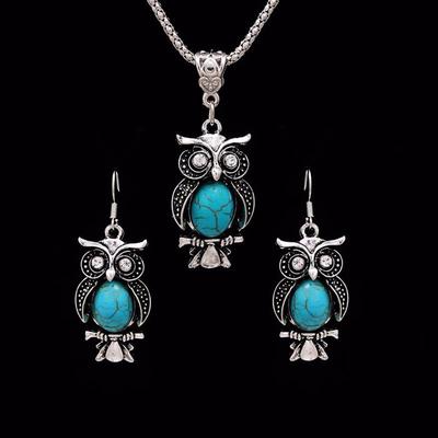 Vintage-Eulen-Naturstein-Anhänger-Halsketten-Ohrring-Set für Frauen