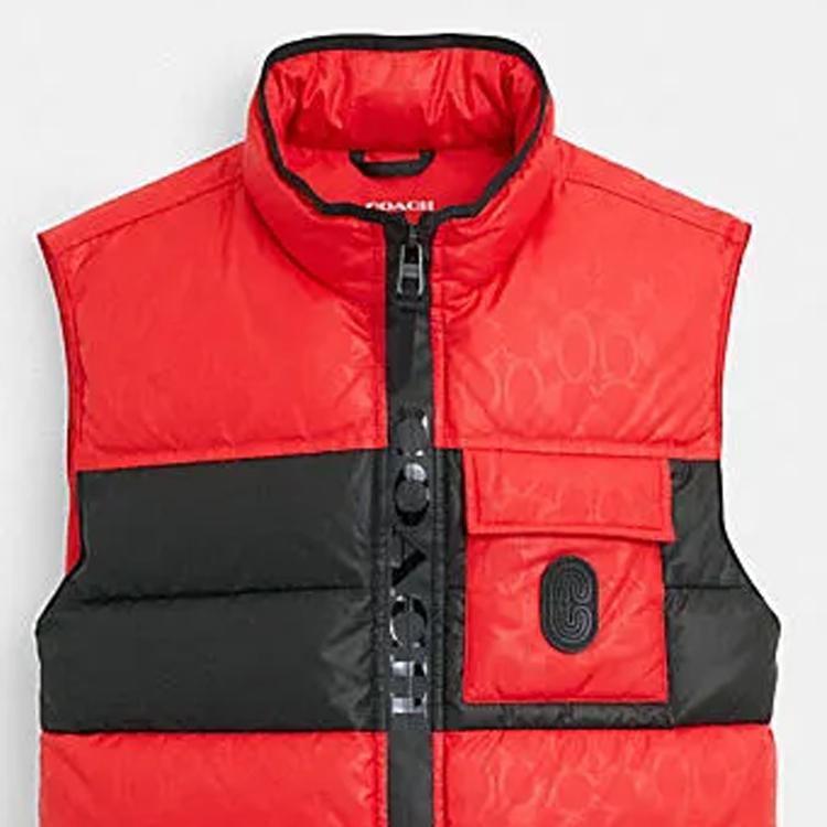 Coach Color Block Stand Collar Zipper Sleeveless Down Jacket Men outerwear Red CL599-RED