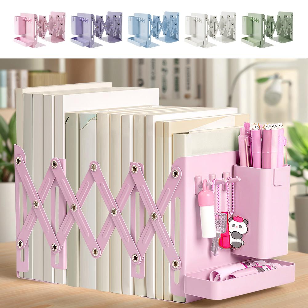 Retractable Desktop Bookstand with Basket & Hook Modern Metal Book Holder Vertical File Sorter Rack Office Accessories