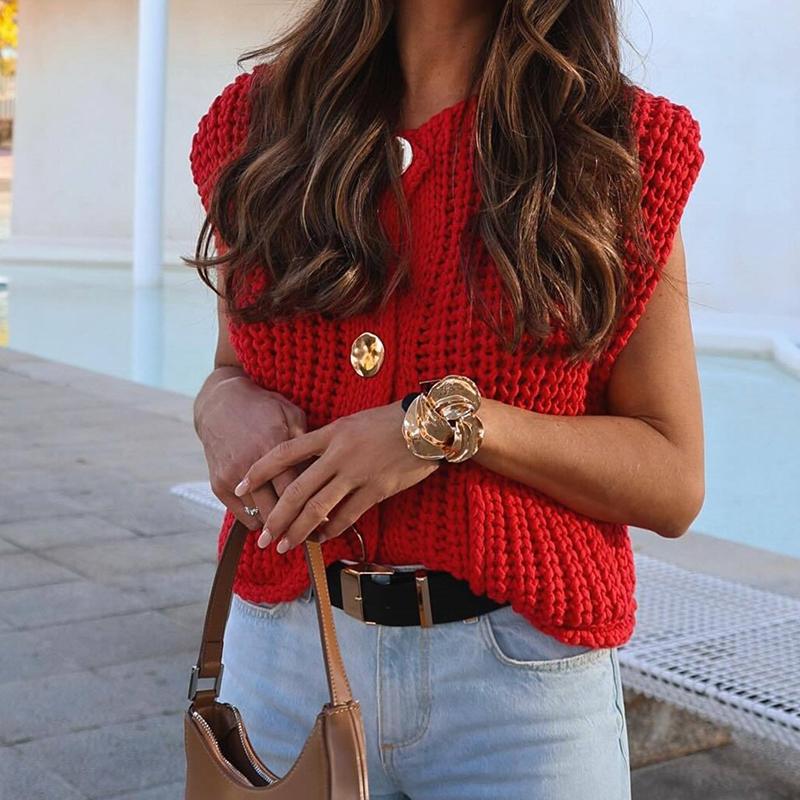 Winter New Women's Clothing Vest Simple Pocket Sleeveless Short Knitted Vest Cardigan Top