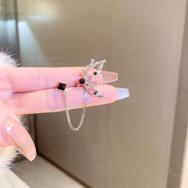 Schwarzer Zirkon Hohl Schmetterling Ohrringe Damen Kalter Wind Ohrknochen Clip Ohrnadel Nische Personalisierte Ohrringe