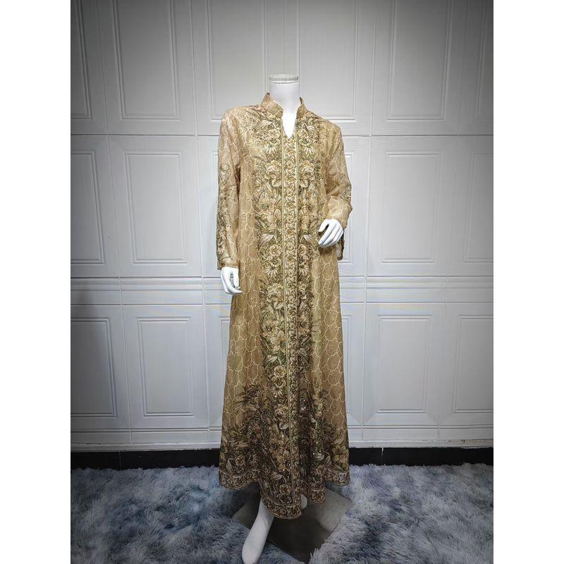 

New Middle East Dubai Fashion Embroidered Print Robe Dress Embroidered Printed Dress Apricot color L
