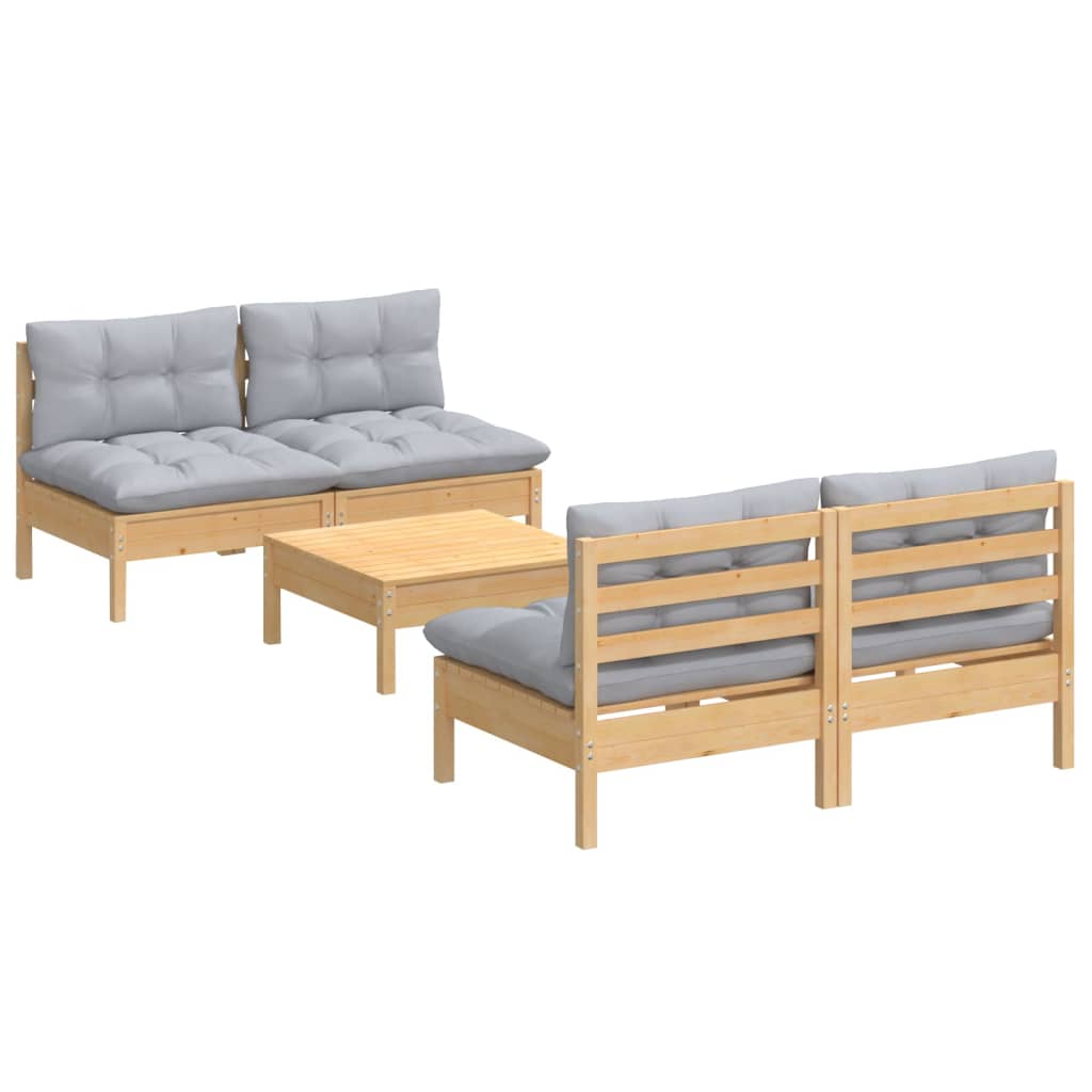 Vidaxl 5-Cz. Garden Lounge Set, Grey Cushions, Pine