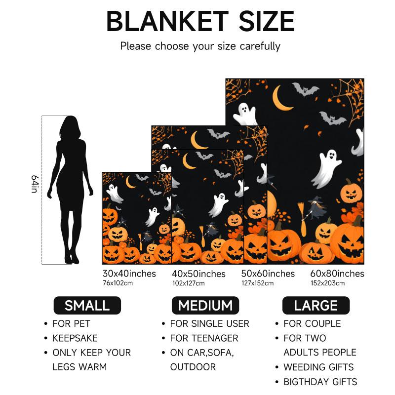 1 piece Halloween-themed black flannel blanket with orange pumpkins and ghosts, soft for sofa, bed, office, all-season use.