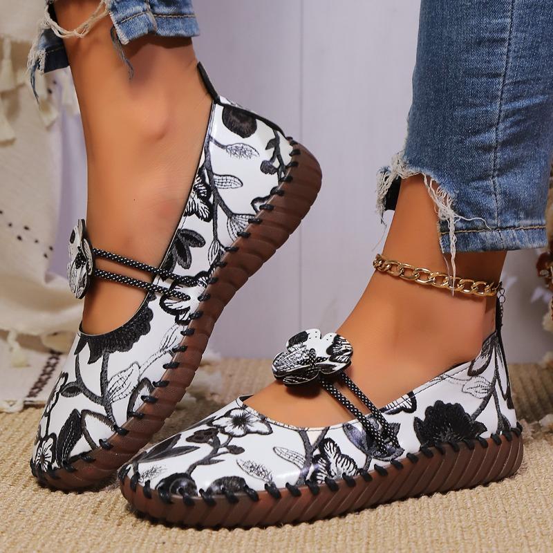 Fashion Plus Size Flats Autumn New Round Toe Shallow Mouth Printed Slip-on Low Top Single Shoes with Soft Sole and Soft Side