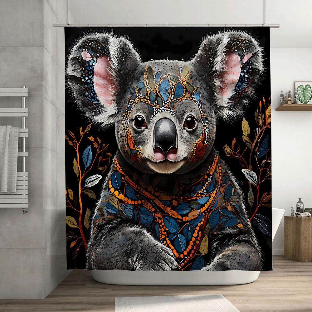Koala Bath Curtain Animal Print Shower curtain Fabric Home Decor Wall Hanging Bathroom Decoration with Beads Leaves Pattern for