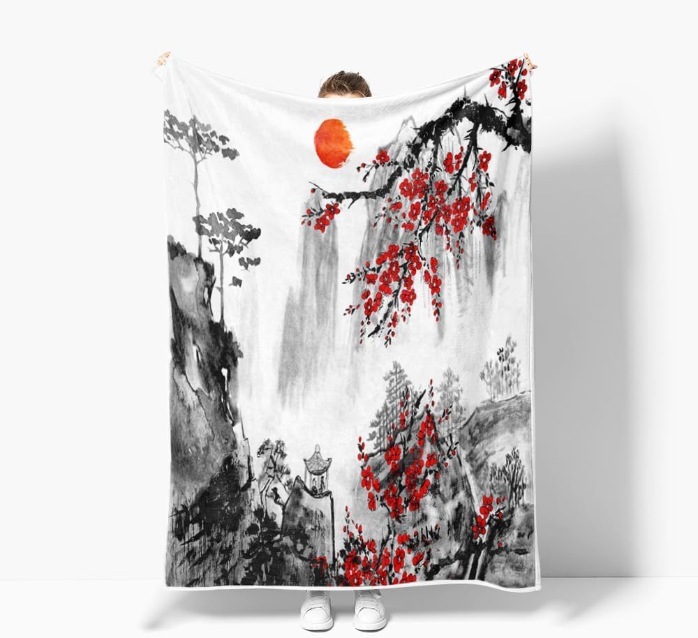 GUOYU Blanket Japanese Cherry Blossom Blanket Asian Japanese Wave Kanagawa Throw Flannel Blankets for Couch  Bed Asian Anime Mount Red Sun