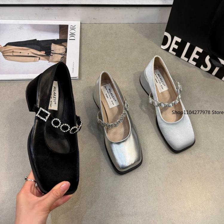 Fashion Women's Fashion High Heel Single Shoes Autumn New Square Head Shallow Mouth Rhinestone Thick with Temperament Mary Jane Shoes