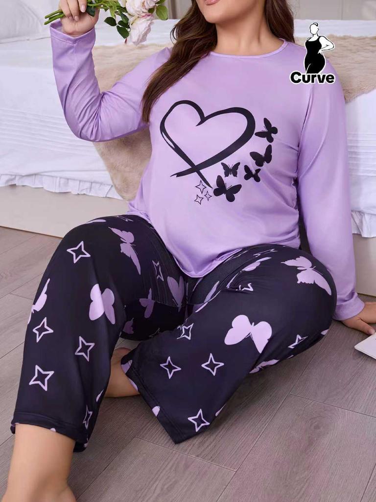 Plus-Size Curvy Women's Long-Sleeve Long-Pants Loose-Fit Casual Heart-Print T-Shirt Set