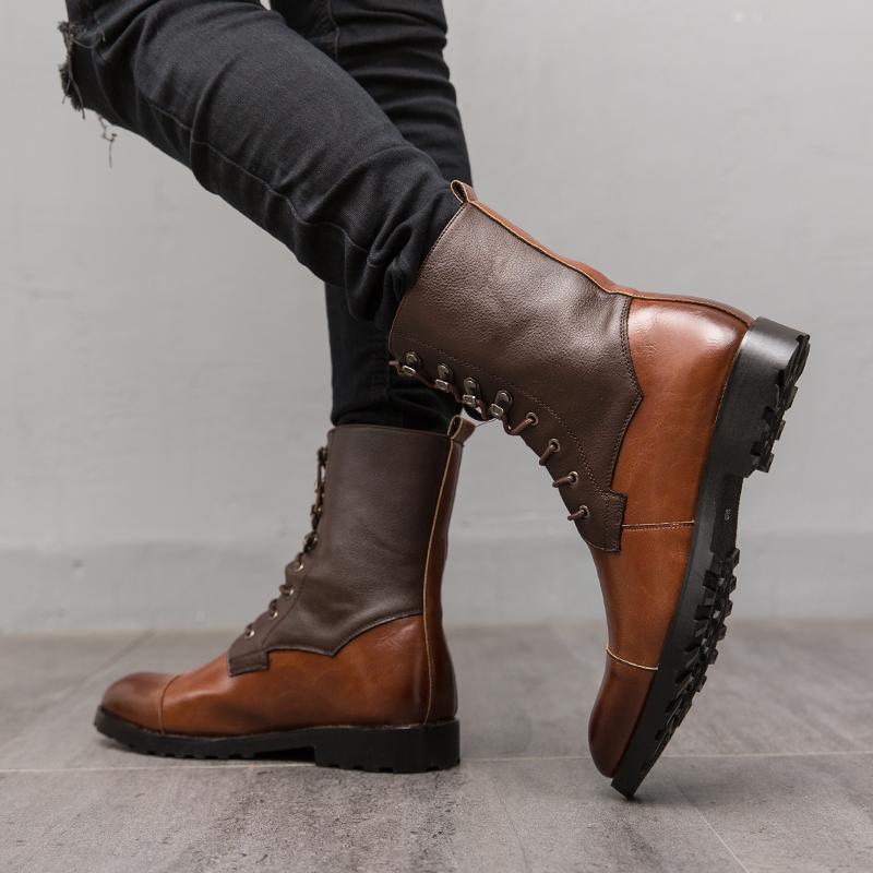Fashion Casual Pointed Toe Man Shoe Vintage Leather Footwear Men High Top Boots Lace-up Motorcycle Shoes All-match Mens Chelsea Boots