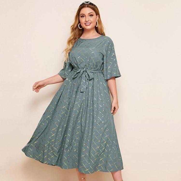 

Жіноча літня сукня великого розміру А-силуету з круглим вирізом, коротким рукавом, принтом та поясом, довгі сукні на весну L 4XL 4XL зелений