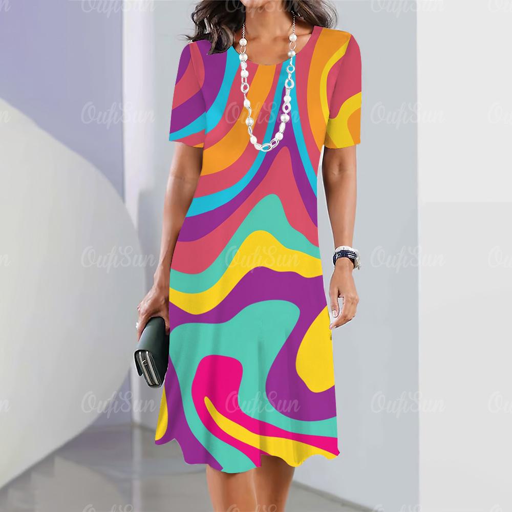 Summer Women's Dress Short-sleeved A-line Color Skirt Irregular 3d Printing 3 Fashion Loose Round Neck Dress
