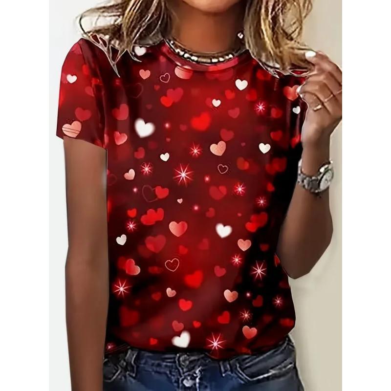 Fashion Women's Clothing Love Short Sleeve Crew Neck Short Sleeve Crew Neck T-Shirt 3D Love Rose Color Printing Rose Short Sleeve Tees