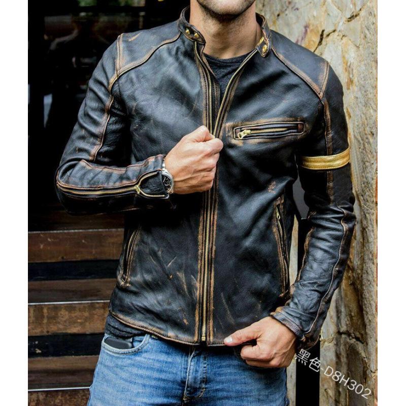 European & American Men's Stand Collar Punk Motorcycle Leather Jacket for Teens and Adults