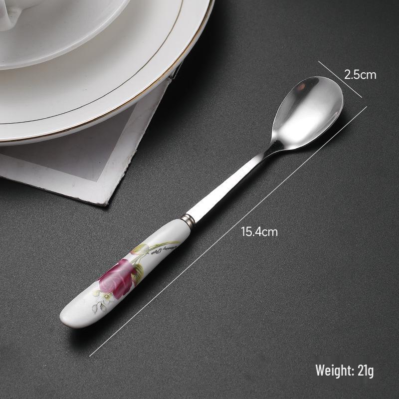 Creative Multi-Color Ceramic Mixing Spoon with Long Handle & Stainless Steel Glaze
